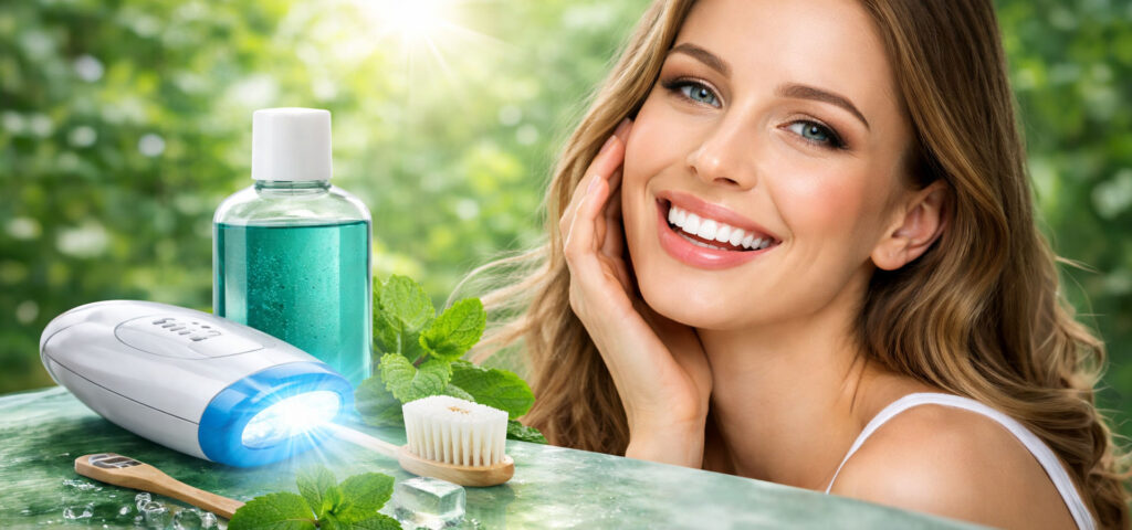 pacient în timpul procedurii de albire dentară cu laser la stomatolog